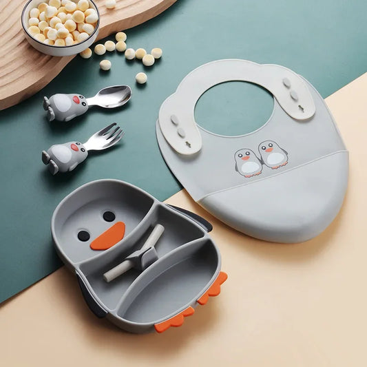 Combo pinguim - Prato introdutório de alimentos + Babador de silicone